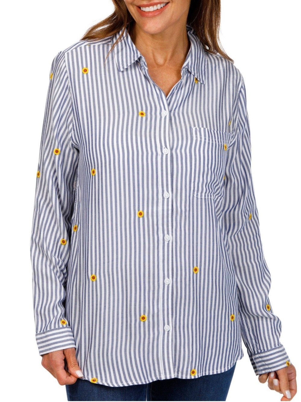 NWT Beach Lunch Lounge Striped Button-Down Tunic Yellow Sunflower Embroidery S